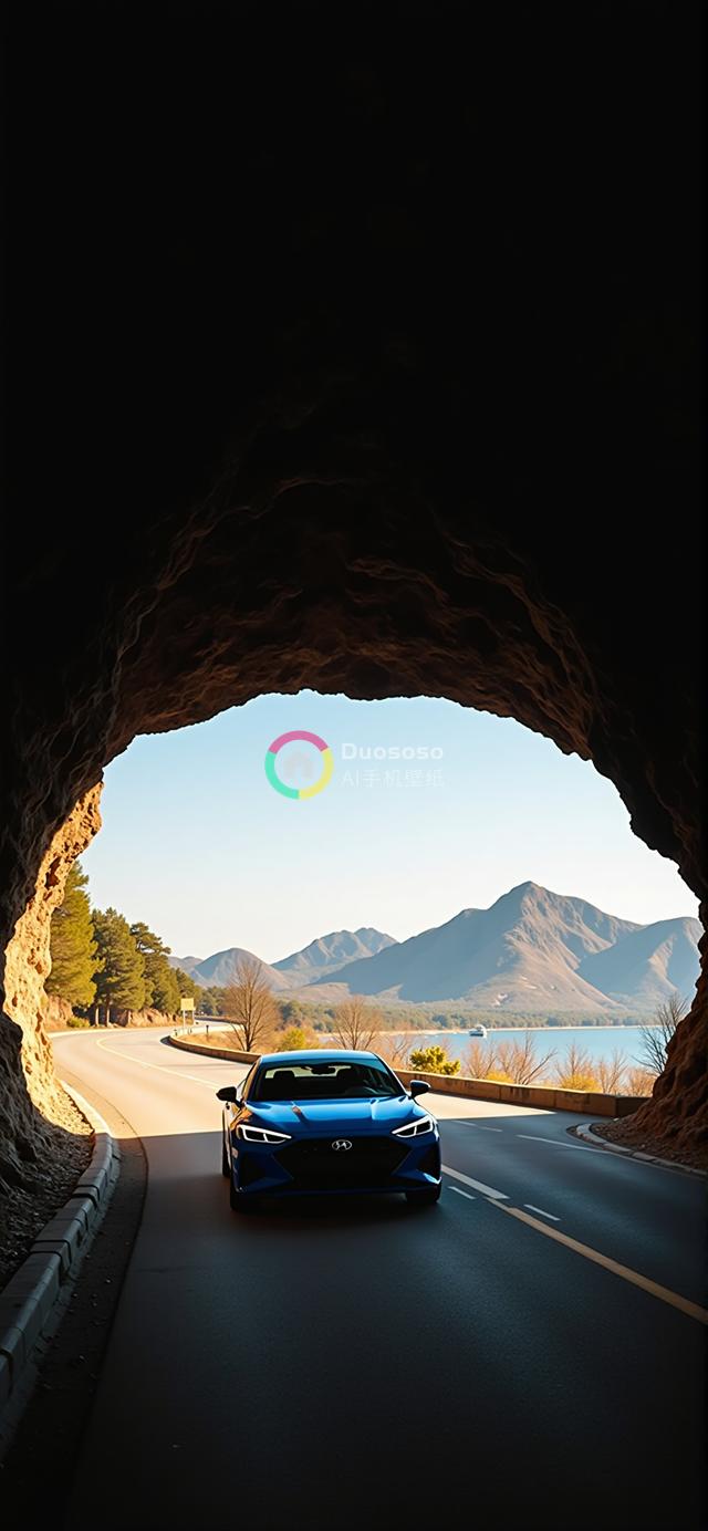 蓝色现代轿车穿越暗隧道驶向海岸公路的壮丽画面