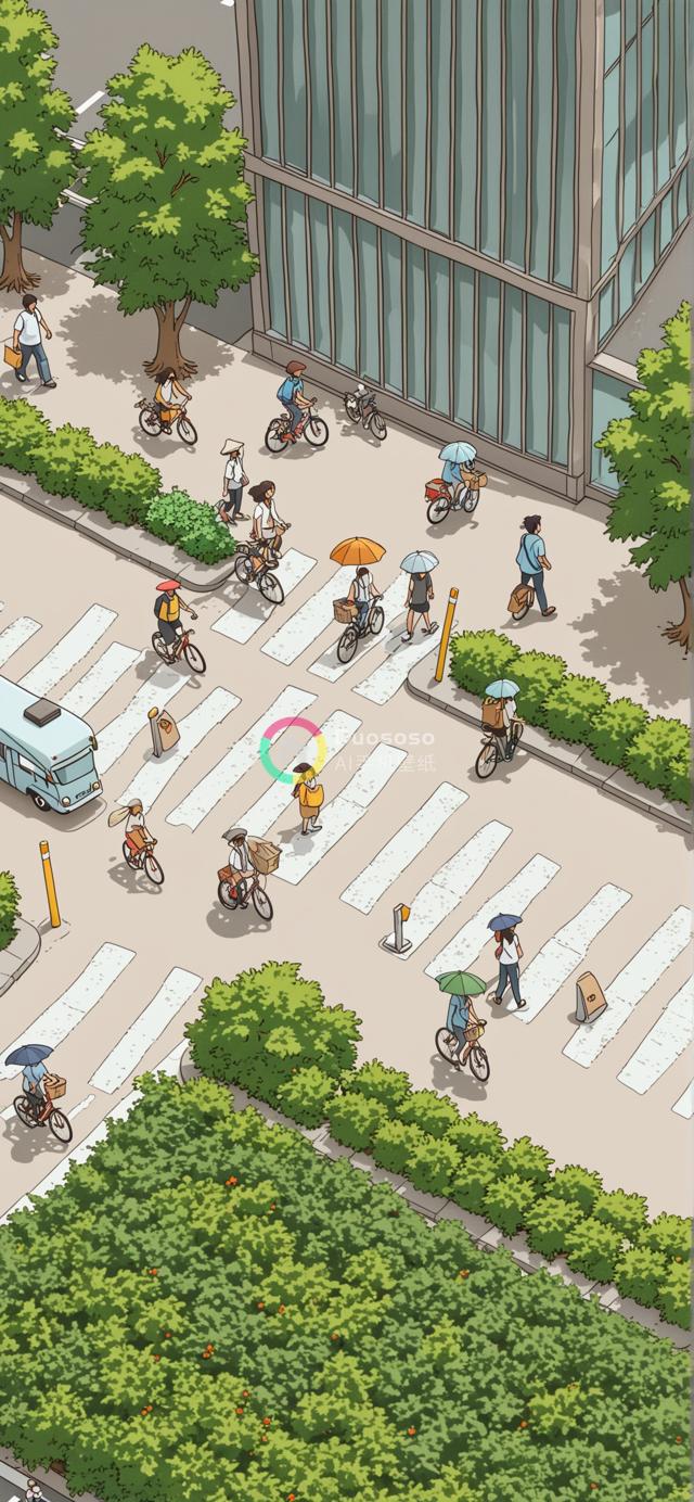 高角度俯瞰白天繁忙都市街景：人群骑车步行撑伞，绿化带添彩城市风光