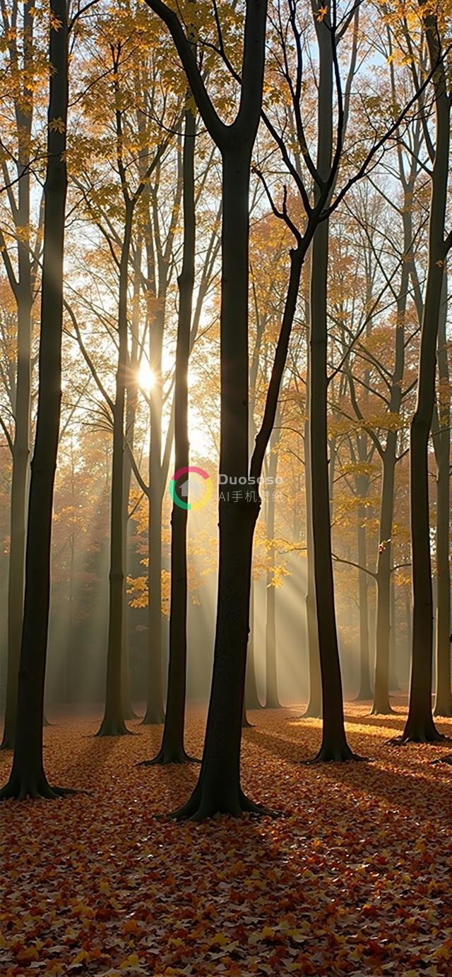 秋日阳光森林：金叶余晖与光影交织的神秘景致