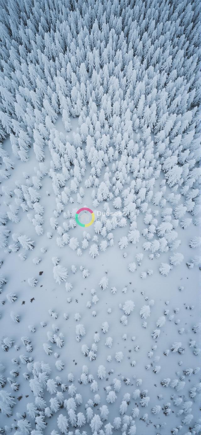 “高空视角下的雪覆盖松林奇观：冬日静谧之美”