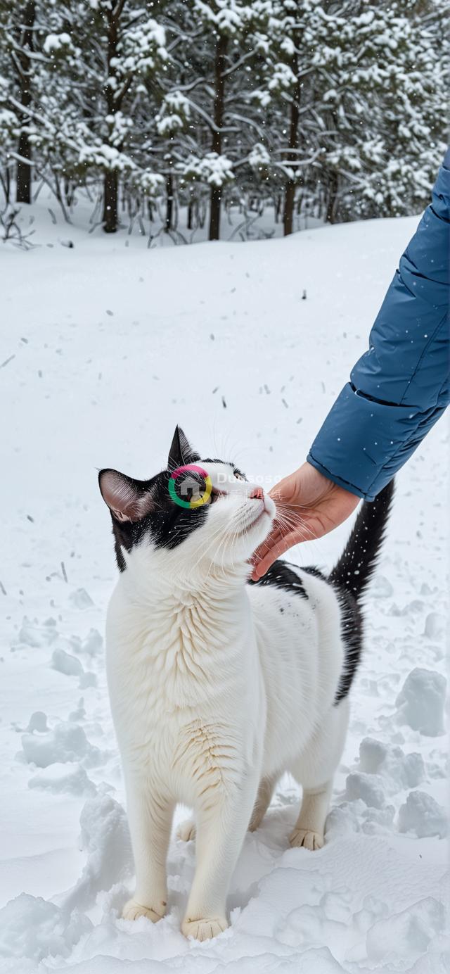 雪林中黑白色猫咪的宁静肖像