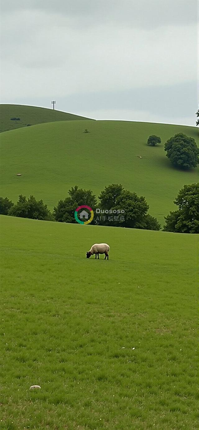 绿茵场上白羊悠然吃草，远处树影与坡地交织的宁静风光