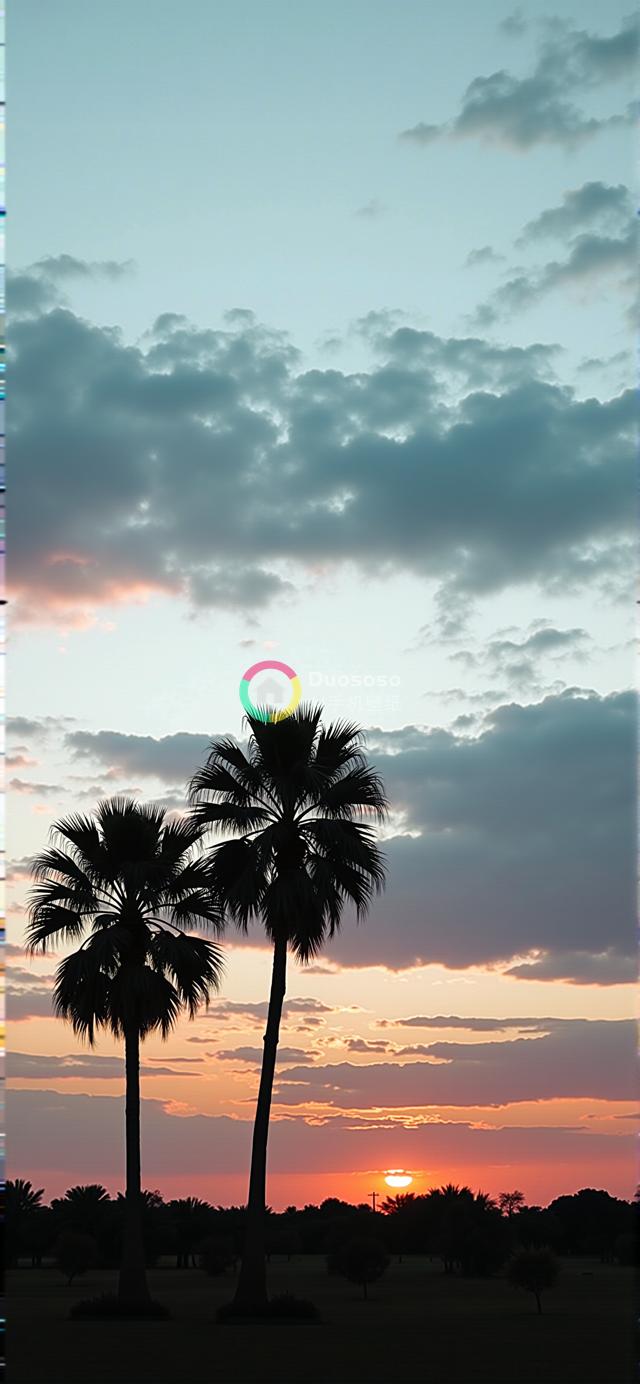 热带风光下的宁静日落：棕榈剪影与晚霞交相辉映