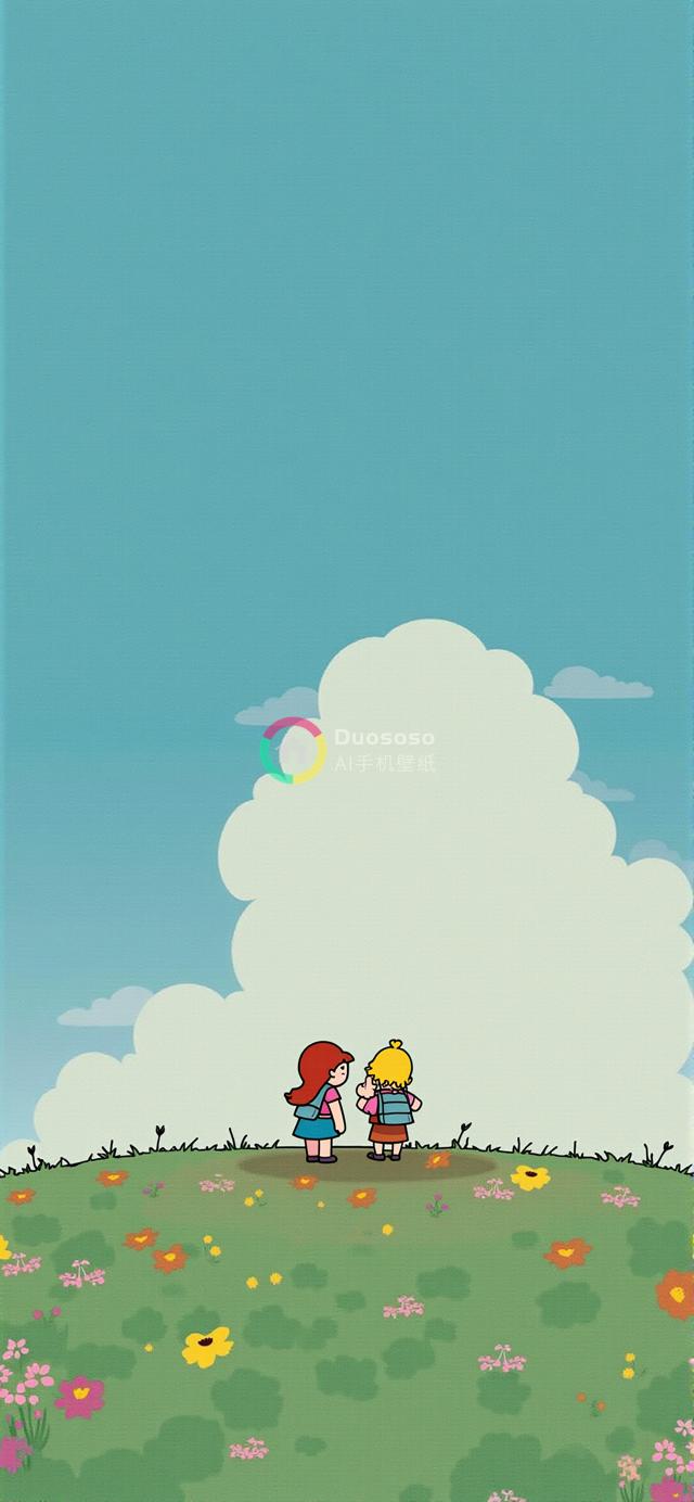 快乐无忧的两个孩子在绿意盎然的丘陵上远眺