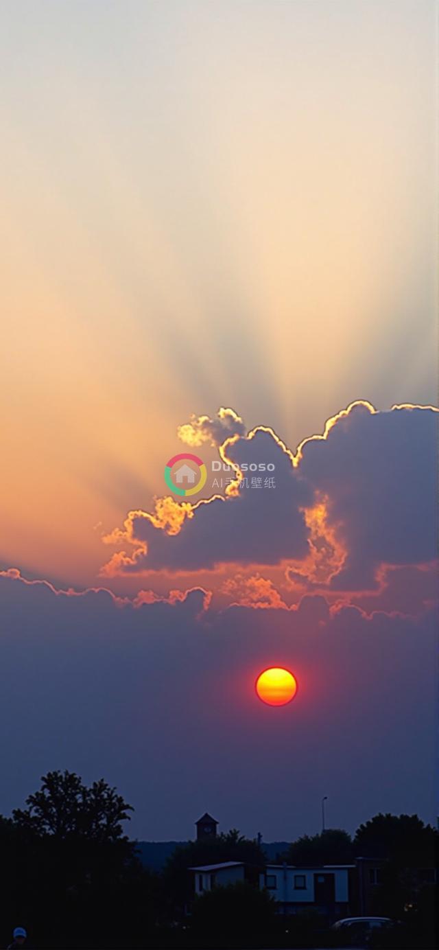 绝美落日余晖映衬剪影小镇奇景