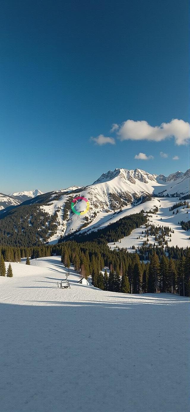 蓝天白云下雪覆盖山脉的宁静风光，滑雪场背景的绝美照片