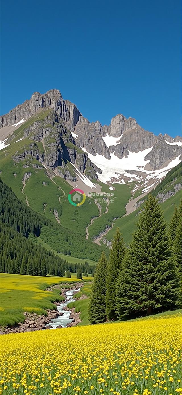 绝美山谷新姿：金黄野花毯铺翠谷，雪峰苍林共绘宁静画卷