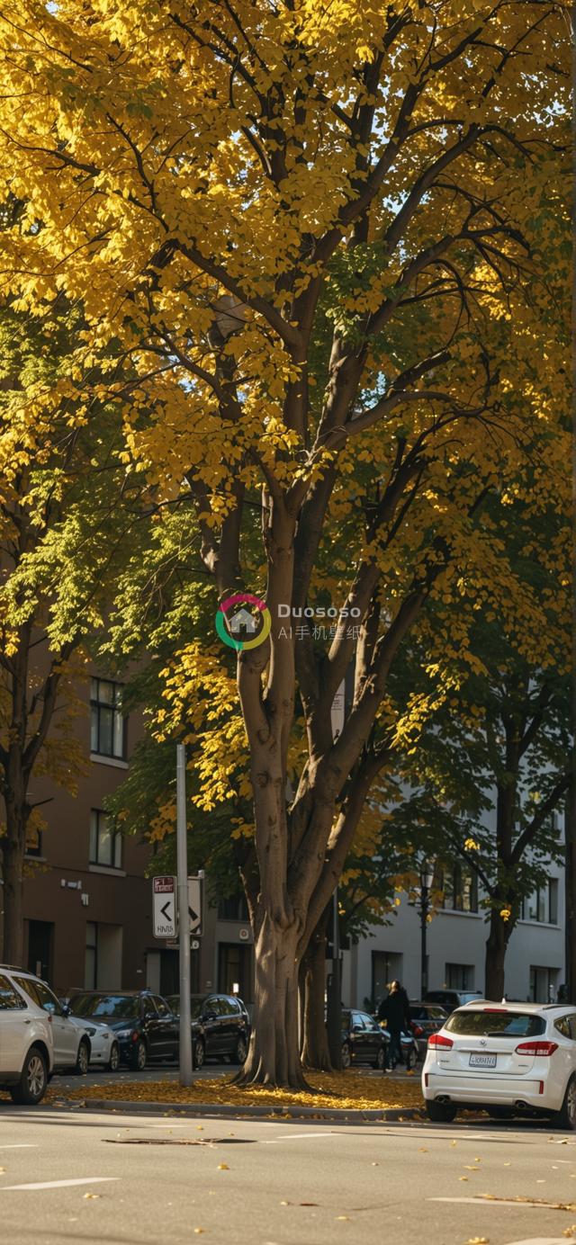 秋意盎然：俯瞰城市街景，黄叶大树与暖阳共绘宁静画卷