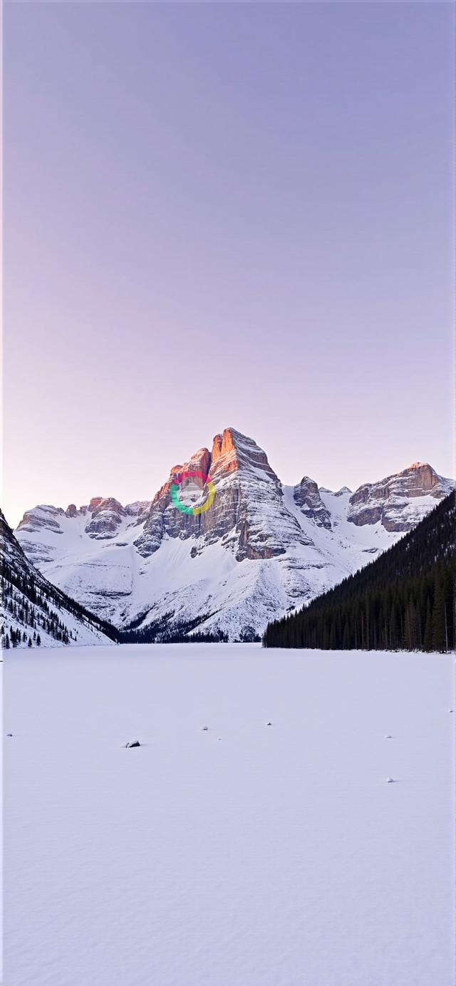 日出时分雪覆盖山脉的壮丽摄影：山峦巍峨，雪谷冰湖映前景