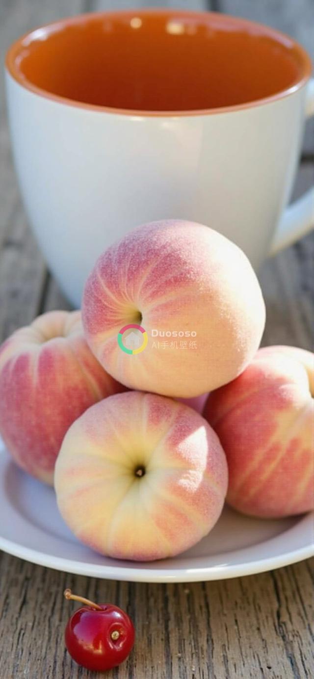 白盘上四枚甜甜圈桃子焦点照，鲜嫩色彩与纹理在自然光影中尽显