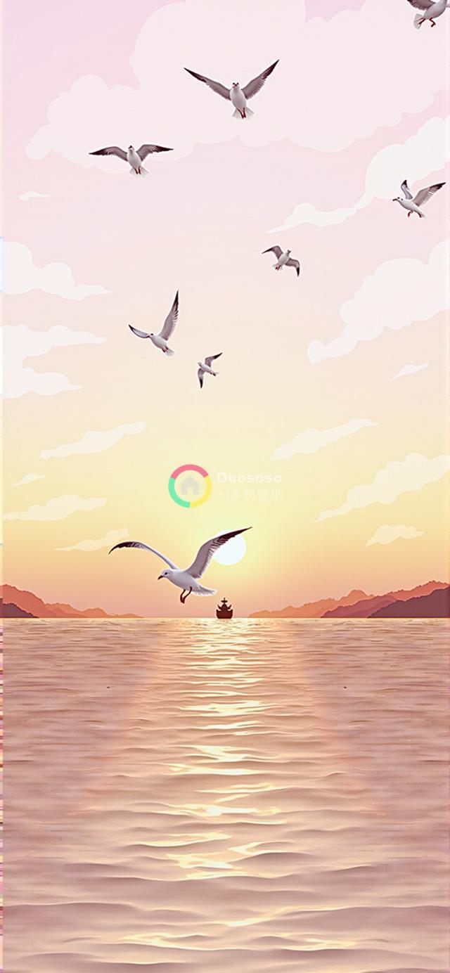 落日余晖下的宁静海景：粉橙天空与飞翔海鸥的动态之美