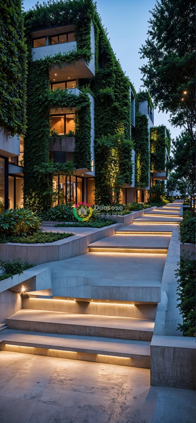 暮色下绿藤覆盖的现代住宅建筑：光影交织的宁静奢华