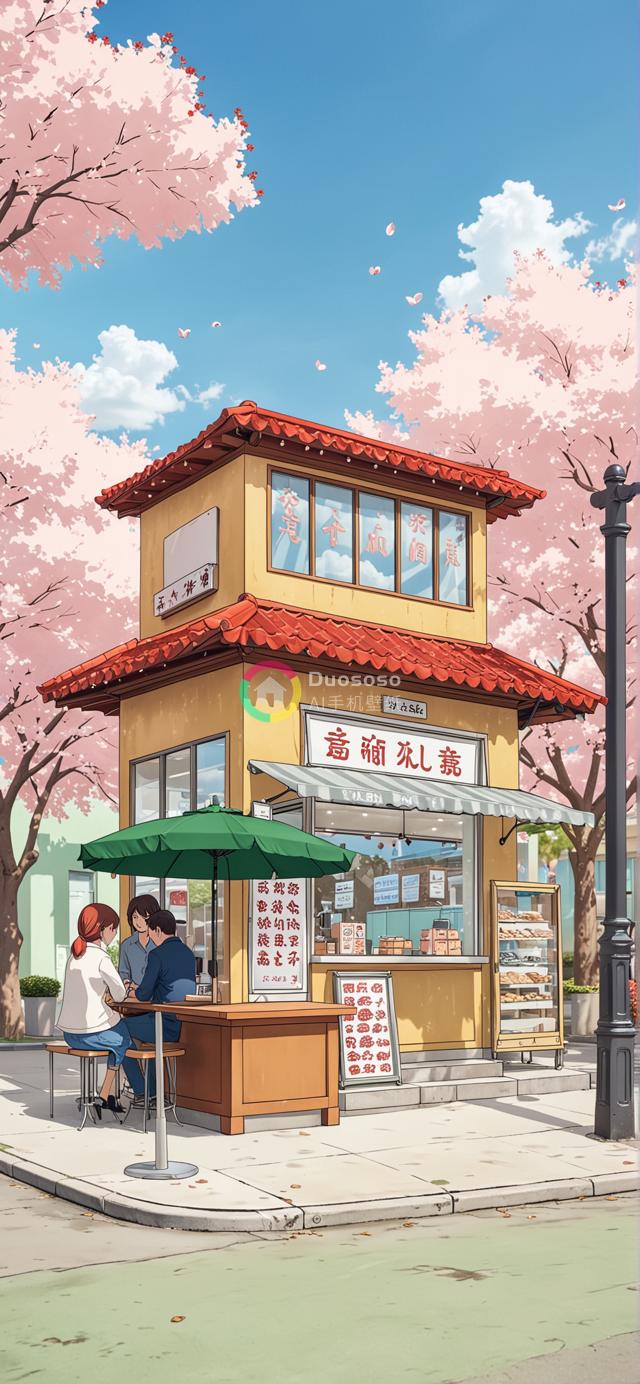 春日樱花盛景下迷人的日式小面包店温馨街景描绘