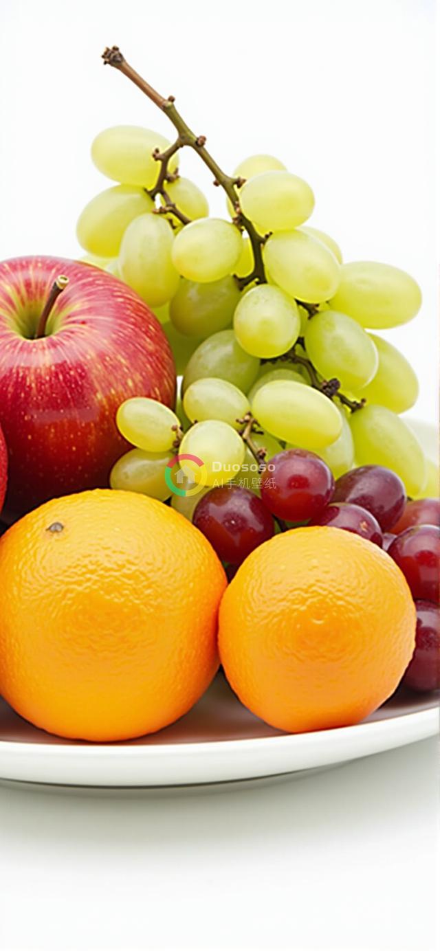 “白背景前新鲜水果拼盘光泽诱人照”