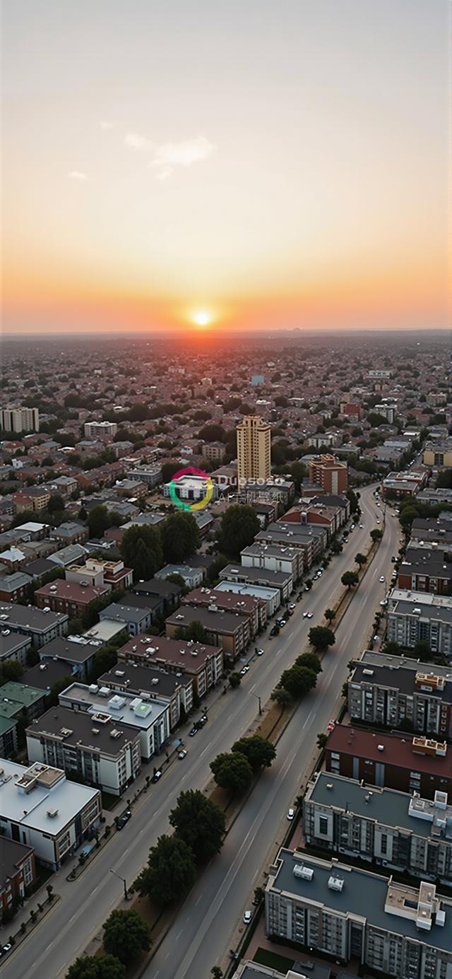 高空鸟瞰都市余晖：落日沐浴下的密集城市景象