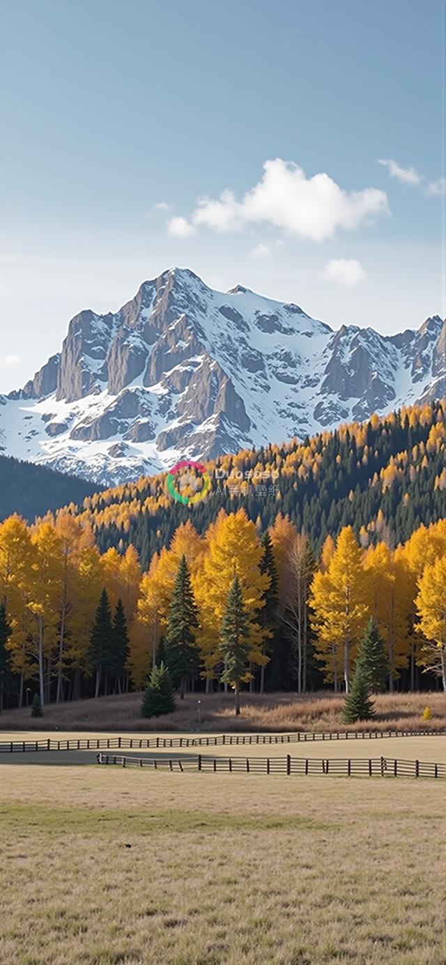 秋叶谷中耸立的雄伟雪峰低角度摄影