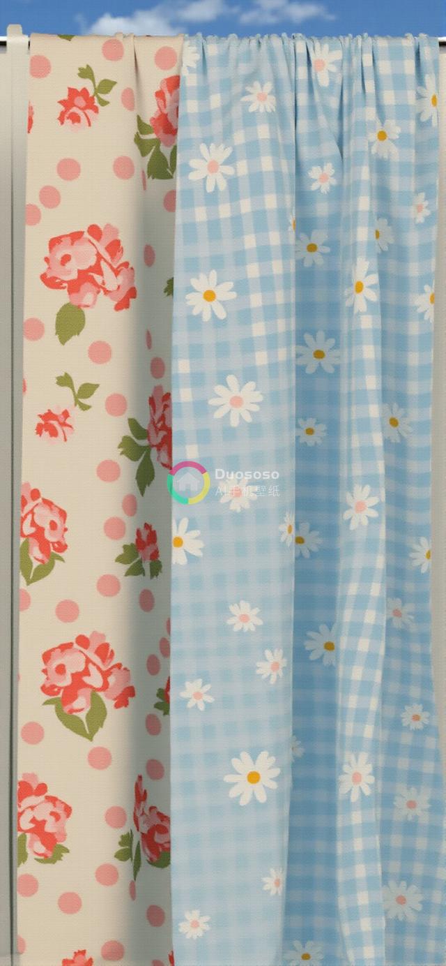 蓝天背景下双色花卉织物挂晾艺术照，凸显手工缝纫项目之活力