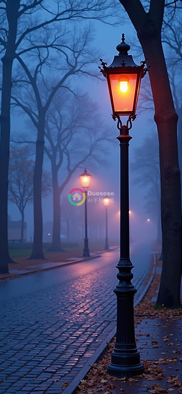 复古街灯下的鹅卵石街道：秋意浓雾中的神秘与孤寂