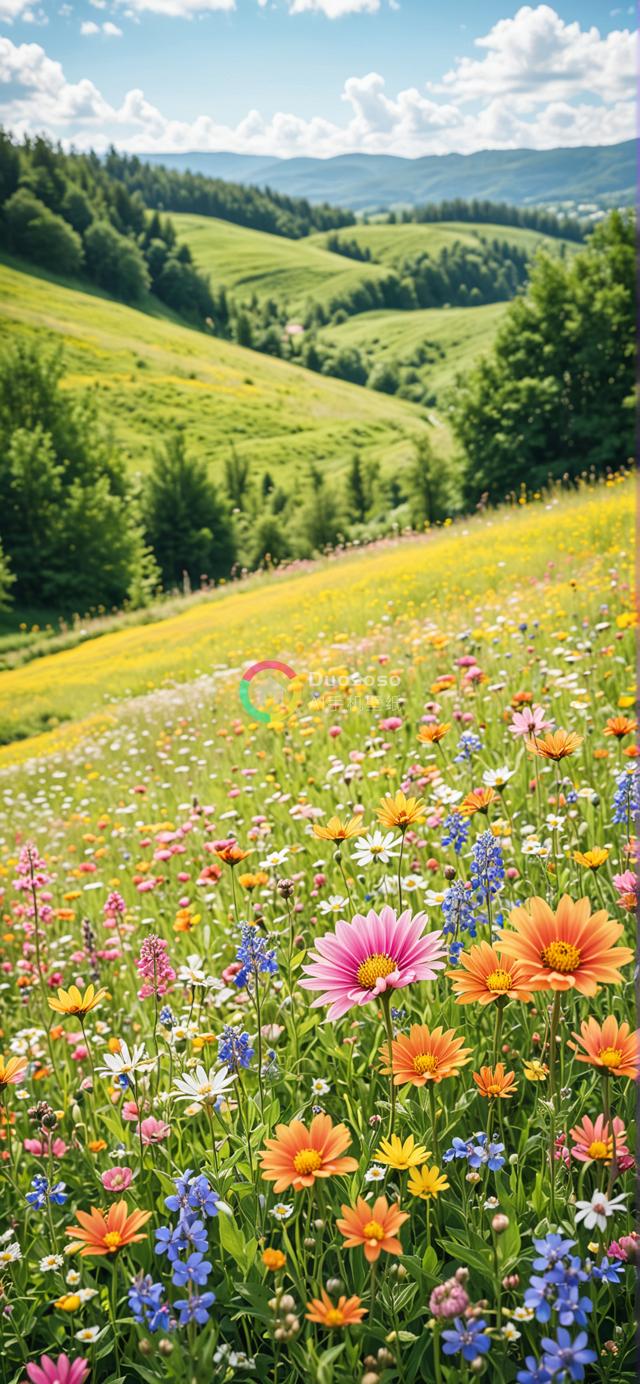 繁花似锦野花谷：翠绿山峦与绚丽多彩野花共绘夏日画卷