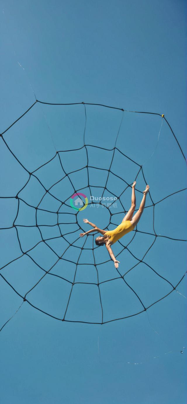 蓝天下女性如蜘蛛般悬挂于坚韧蛛网状网绳上的摄影