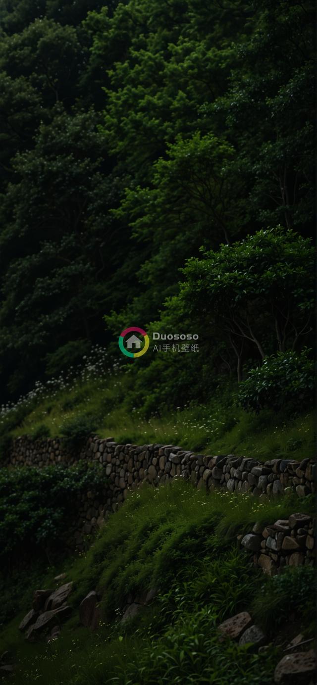 绿意盎然山坡石墙摄影：静谧光影与野趣白花交织的自然之美