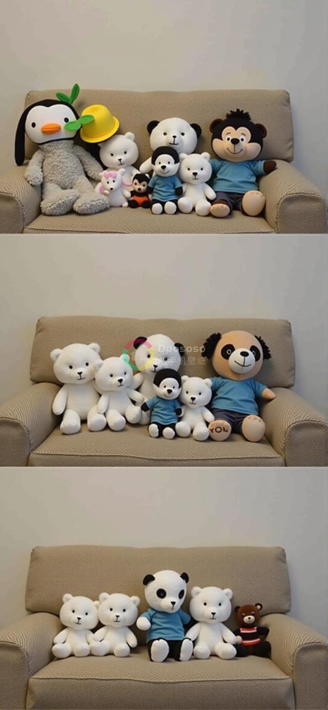 色彩缤纷毛绒玩具排列复古沙发上的欢乐画面