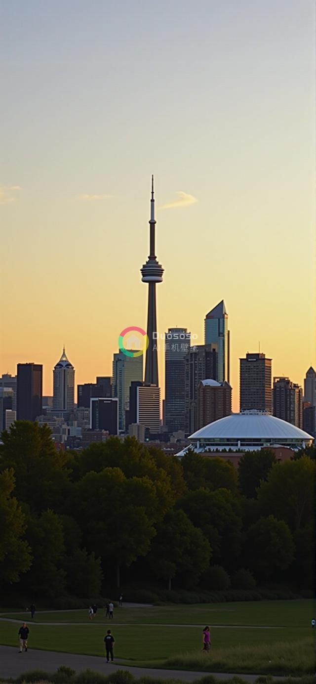 落日余晖下的多伦多城市天际线-CN塔壮丽剪影照