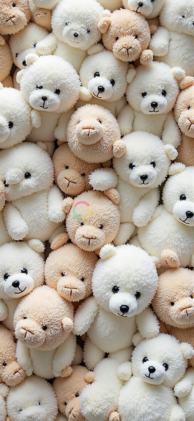 满满一框柔软白 beige 色大号毛绒泰迪熊玩具特写