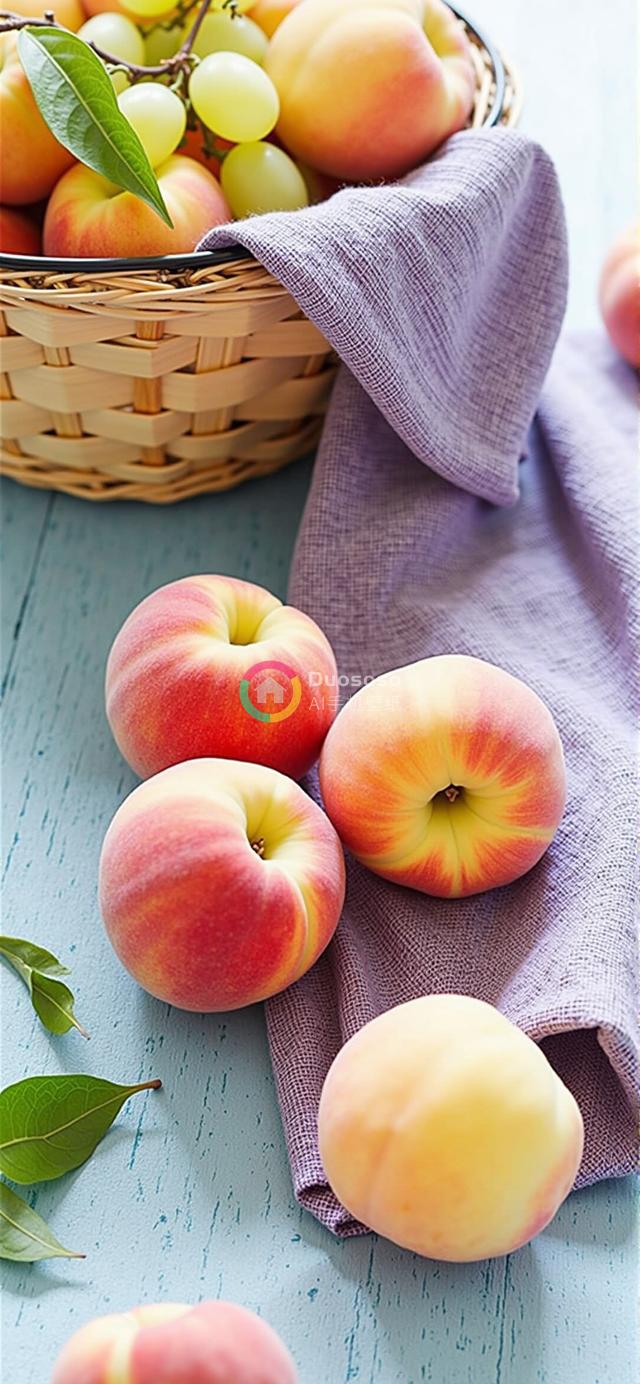 蓝桌上的缤纷鲜果盛宴：黄白桃子与葡萄交织的摄影艺术