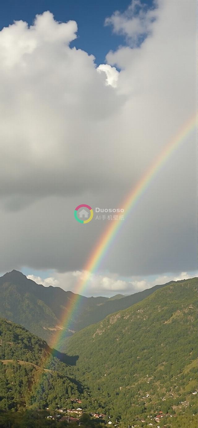 彩虹映衬下的翠谷山村壮丽风光