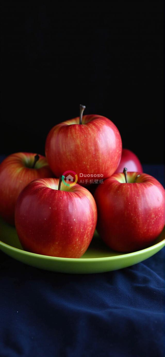 鲜艳绿碗中五颗红苹果艺术摆拍，鲜明对比突显鲜活质感