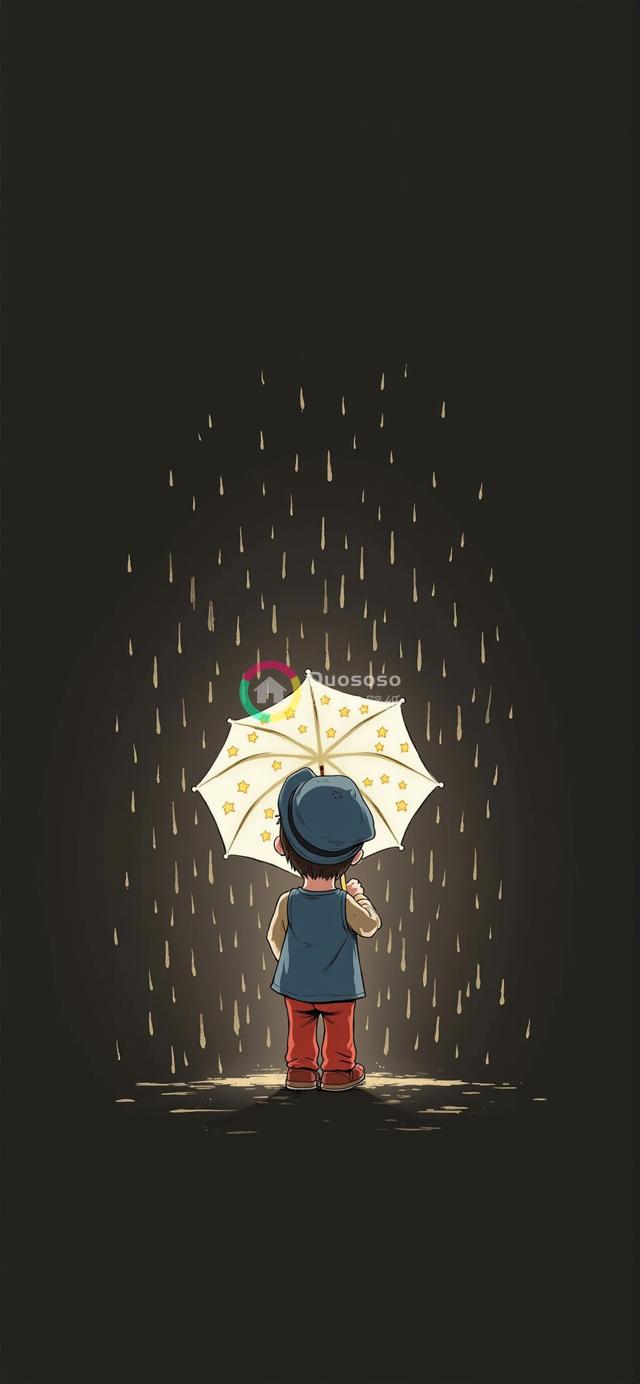 雨中独行男孩的卡通插画，星光伞下显童趣