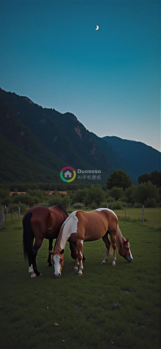 暮色草原上两马悠闲吃草：一马融影暗处，一马斑斓耀眼，远山朦胧月牙映蓝穹