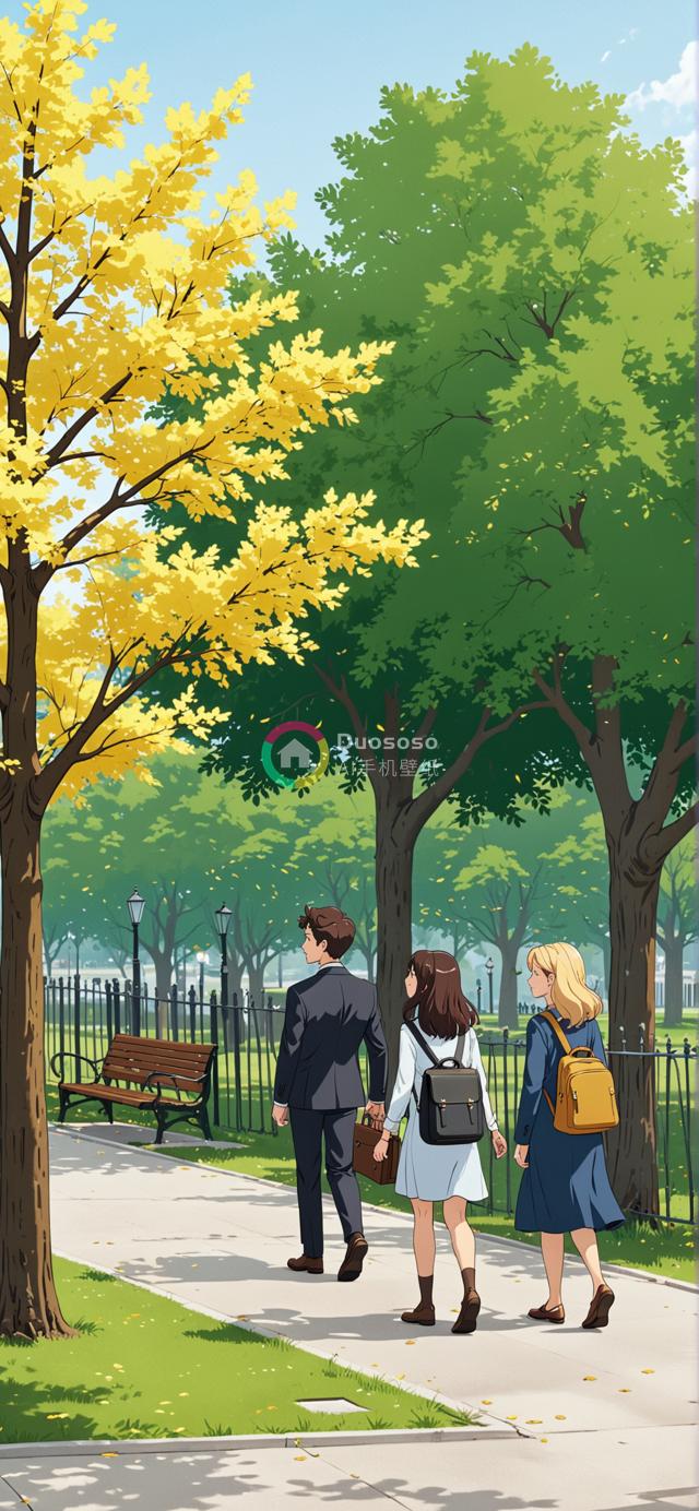 秋日阳光下的校园动漫风学生漫步图