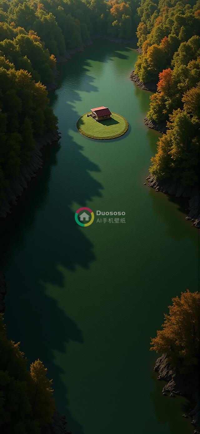 湖心孤岛红顶小屋：绿林环绕碧波荡漾的宁静美景