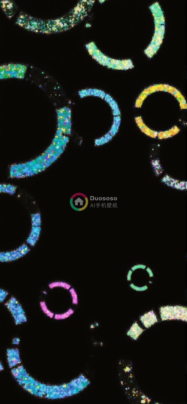 黑色背景上的抽象数字艺术：多彩霓虹马赛克圆环图案