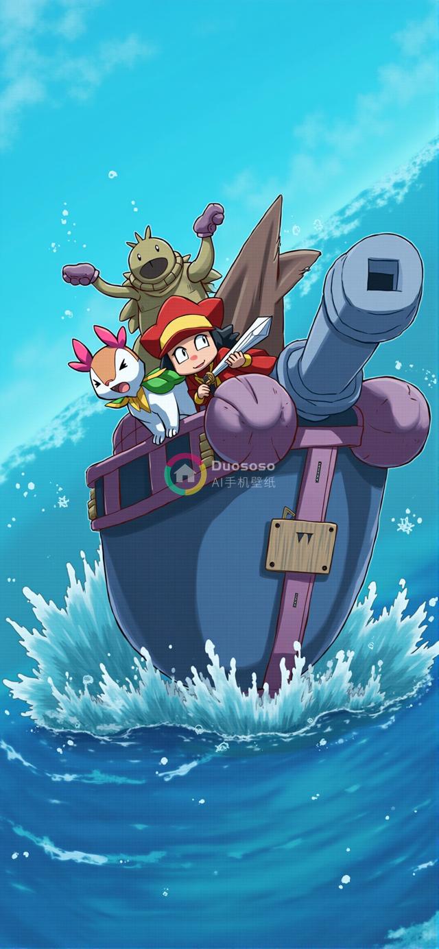 奇幻紫色小船卡通角色海上冒险：活力蓝海与明媚天空下的童趣航行