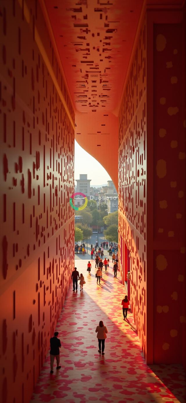 动感红色走廊：独特的切割墙面与光影交织的现代空间影像