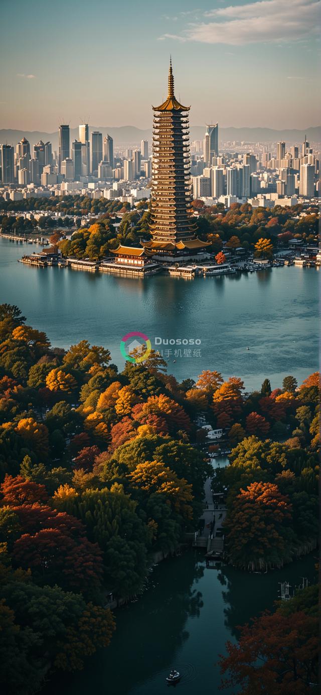 高空俯瞰：古塔金秋倒映宁静湖面，都市天际线相映成趣