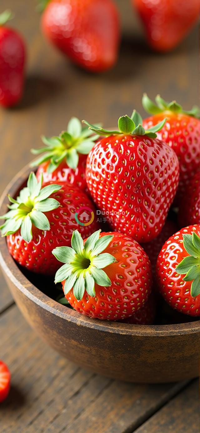 木质碗中新鲜熟透草莓的细腻特写美图