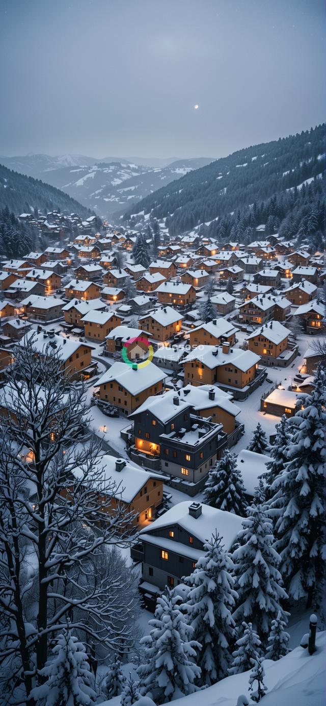 暮色山谷中雪覆盖村庄的俯瞰摄影：宁静雪景与温馨孤寂