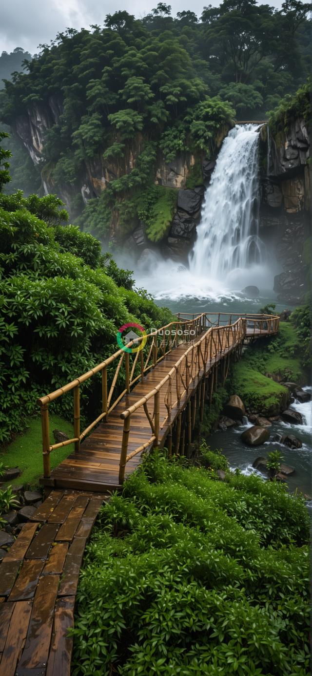 翠绿雨林环绕的壮美瀑布与竹木栈桥景观
