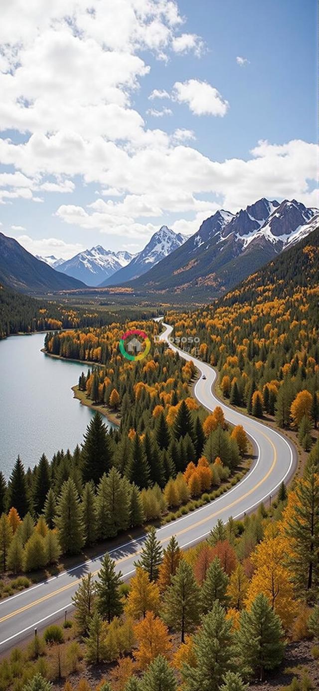秋色山谷中蛇形公路与雪山湖泊的壮丽全景摄影