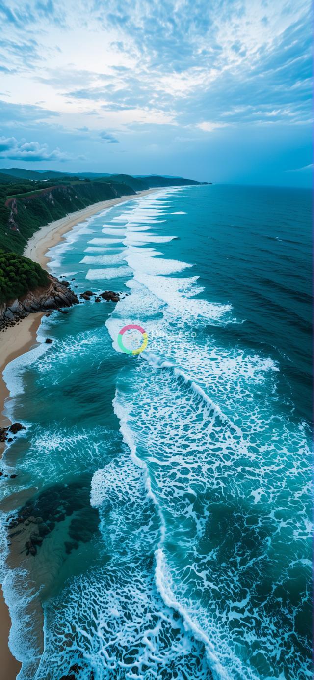 “空中视角下的壮丽海景：碧波金滩与自然之力”