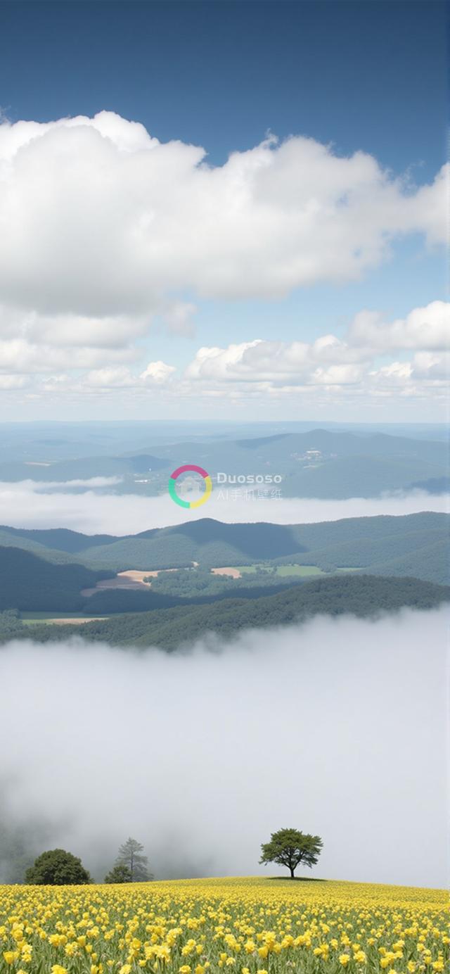 绝美山景：云雾缭绕下的翠谷黄花与孤树奇观