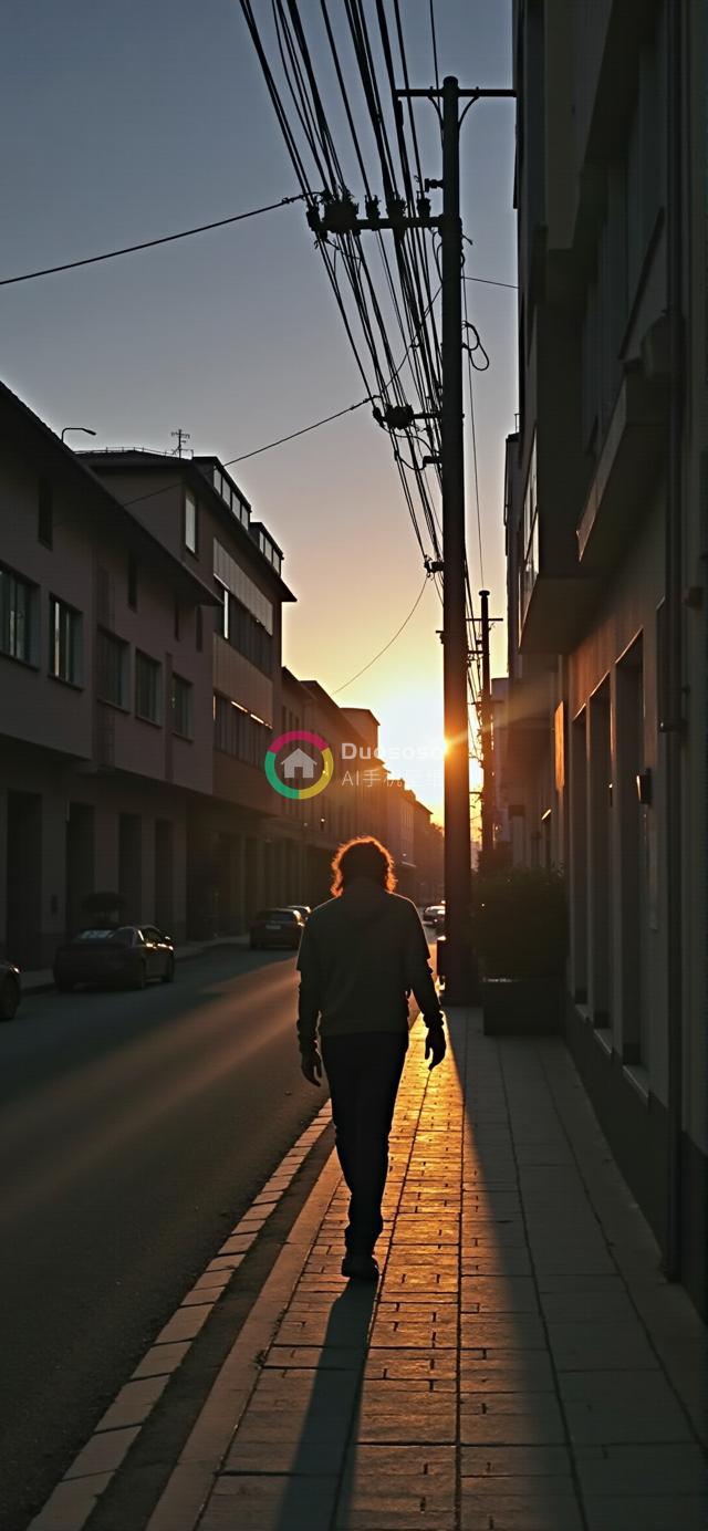 夕阳下城市街头独行者的剪影画面
