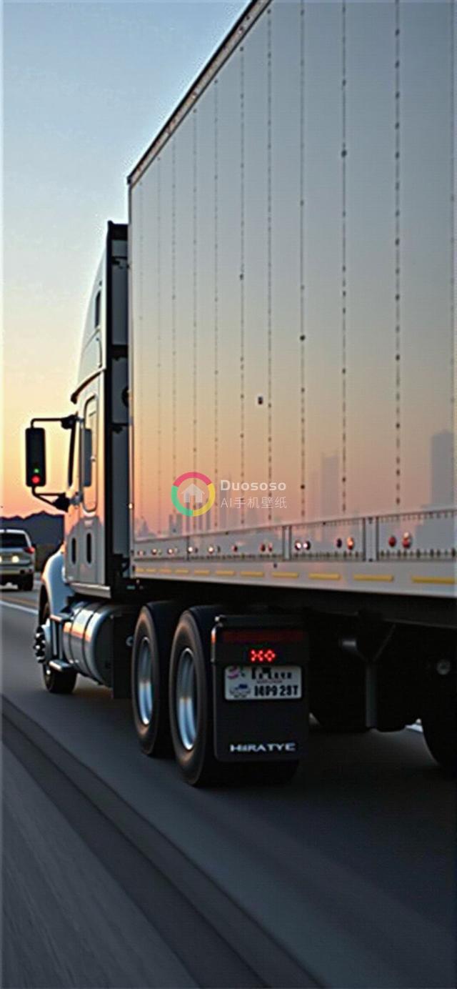 夕阳下美国高速公路半挂卡车行驶的低角度动态摄影