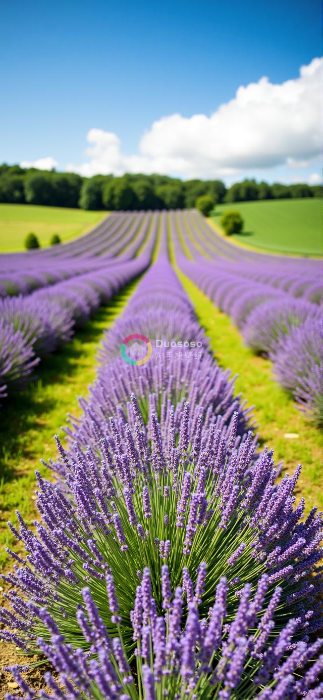 盛放的薰衣草田风光：紫色花海与蓝天白云的绝美交织