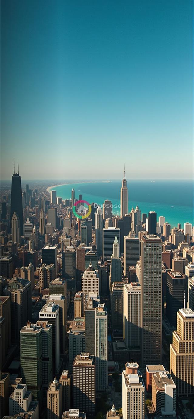 高空俯瞰城市天际线：摩天大楼群与密歇根湖的璀璨风光