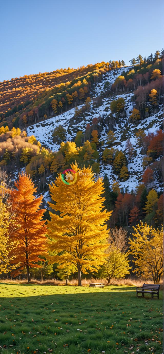 秋日宁静风光：落日余晖下的金色树林与雪斑山景